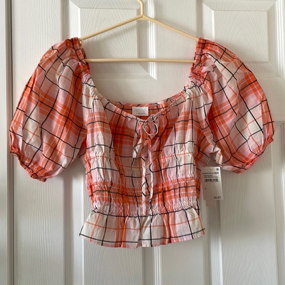 Abound Tops - Abound coral plaid blouse puff sleeve country cowgirl western